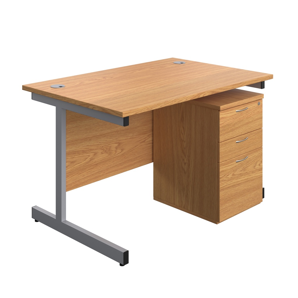 Single Upright Rectangular Desk + High Mobile Pedestal 3 Drawer (FSC) | 1200 X 800 | Nova Oak/Silver | 