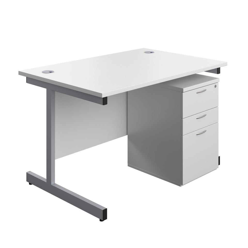 Single Upright Rectangular Desk + High Mobile Pedestal 3 Drawer (FSC) | 1200 X 800 | White/Silver | 