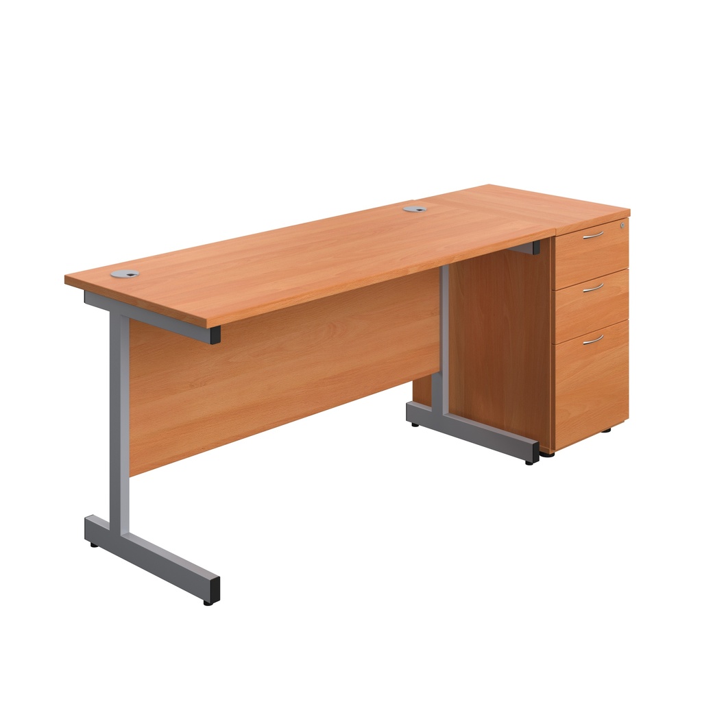 Single Upright Rectangular Desk + Desk High 3 Drawer Pedestal (FSC) | 1400 X 600 | Beech/Silver | 