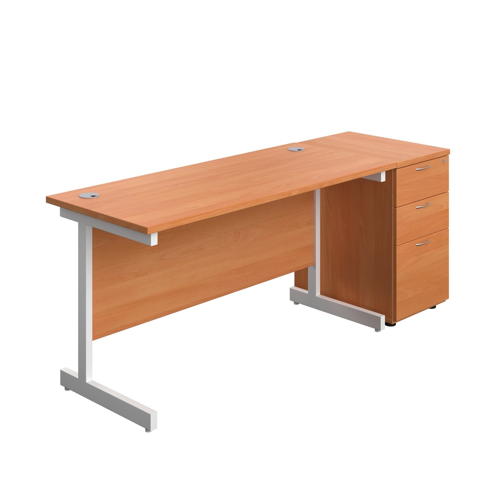 Single Upright Rectangular Desk + Desk High 3 Drawer Pedestal (FSC) | 1400 X 600 | Beech/White | 