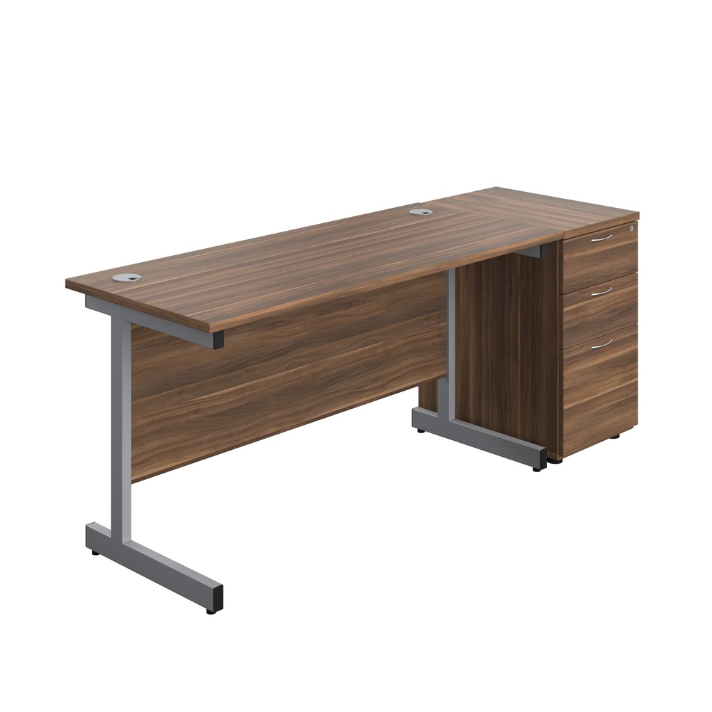 Single Upright Rectangular Desk + Desk High 3 Drawer Pedestal (FSC) | 1400 X 600 | Dark Walnut/Silver | 