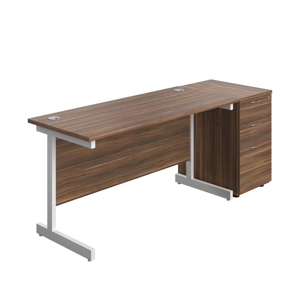 Single Upright Rectangular Desk + Desk High 3 Drawer Pedestal (FSC) | 1400 X 600 | Dark Walnut/White | 