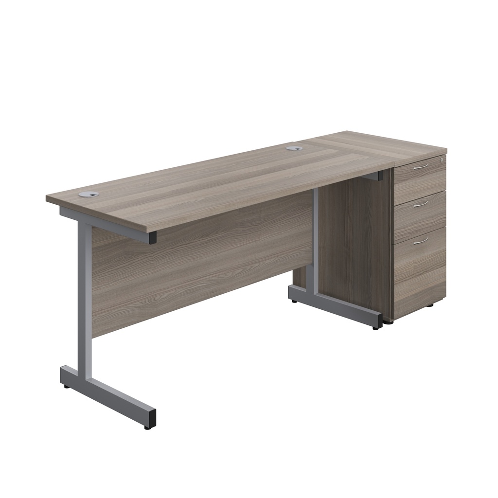 Single Upright Rectangular Desk + Desk High 3 Drawer Pedestal (FSC) | 1400 X 600 | Grey Oak/Silver | 