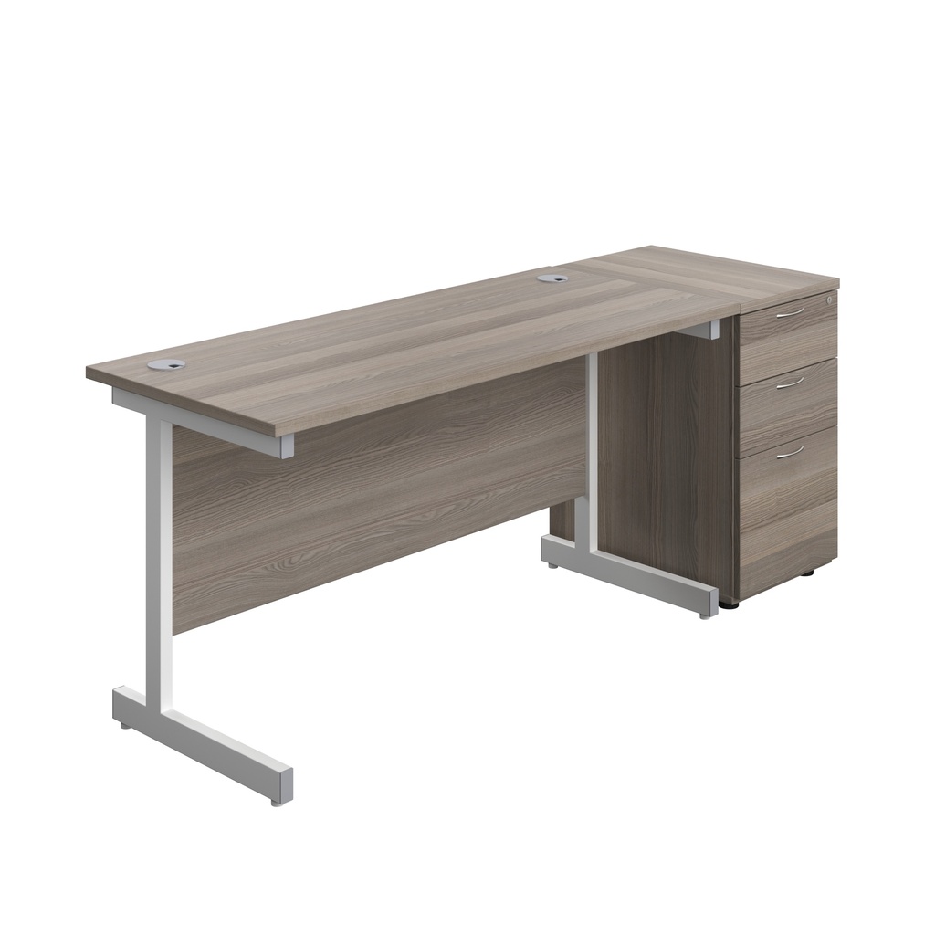 Single Upright Rectangular Desk + Desk High 3 Drawer Pedestal (FSC) | 1400 X 600 | Grey Oak/White | 