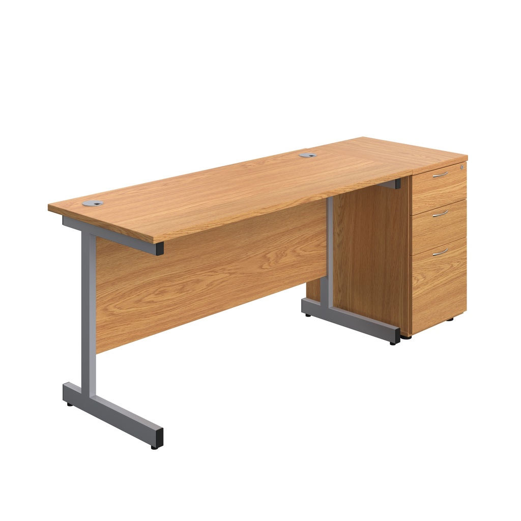 Single Upright Rectangular Desk + Desk High 3 Drawer Pedestal (FSC) | 1400 X 600 | Nova Oak/Silver | 