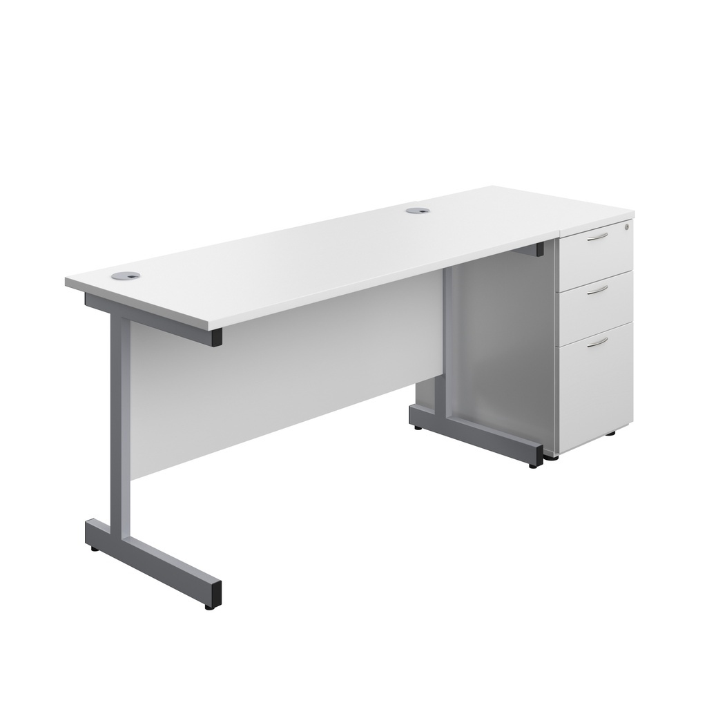 Single Upright Rectangular Desk + Desk High 3 Drawer Pedestal (FSC) | 1400 X 600 | White/Silver | 