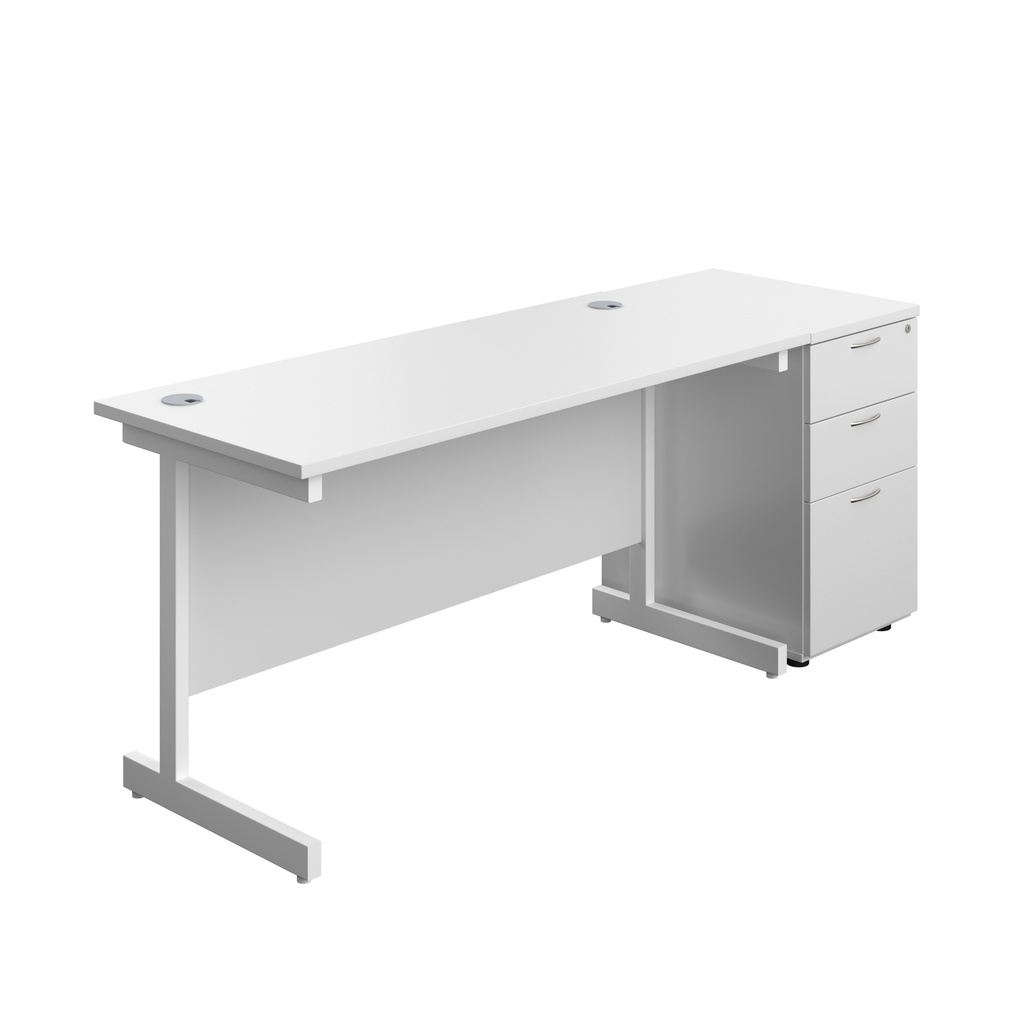 Single Upright Rectangular Desk + Desk High 3 Drawer Pedestal (FSC) | 1400 X 600 | White/White | 