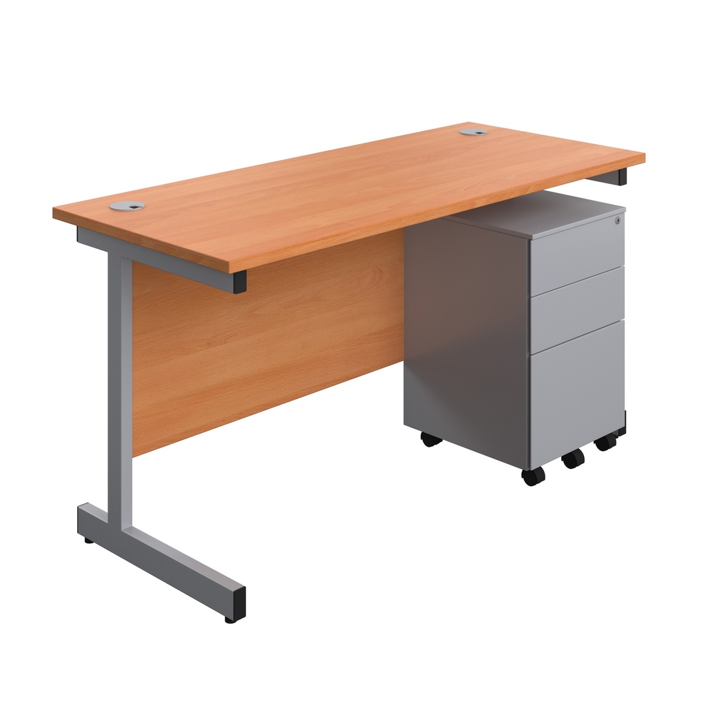 Single Upright Rectangular Desk + Under Desk Steel Pedestal 3 Drawers (FSC) | 1400 X 600 | Beech/Silver | 