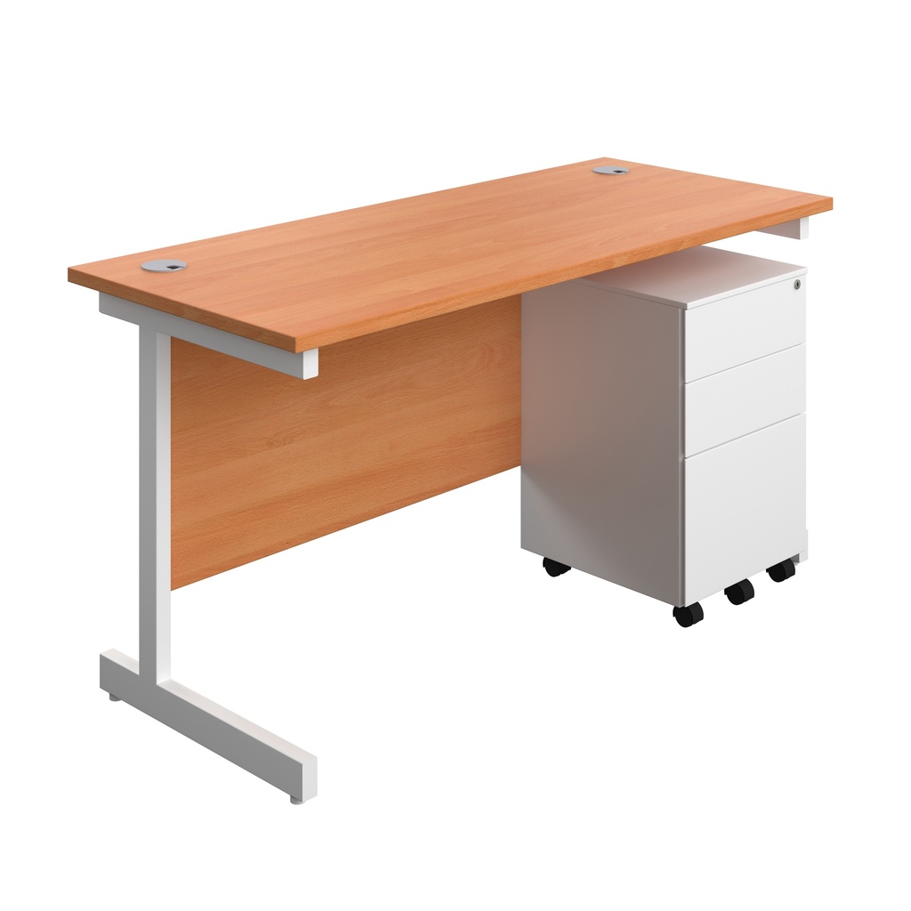 Single Upright Rectangular Desk + Under Desk Steel Pedestal 3 Drawers (FSC) | 1400 X 600 | Beech/White | 