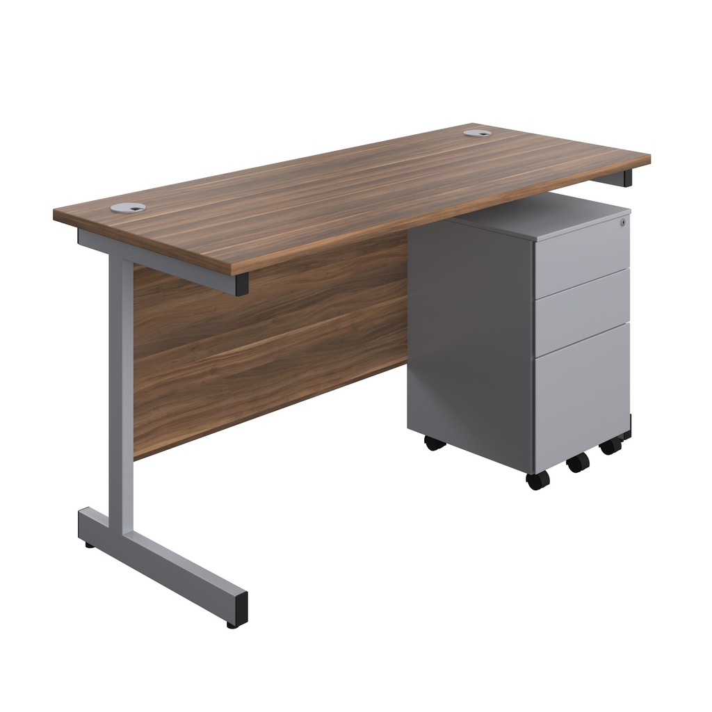Single Upright Rectangular Desk + Under Desk Steel Pedestal 3 Drawers (FSC) | 1400 X 600 | Dark Walnut/Silver | 