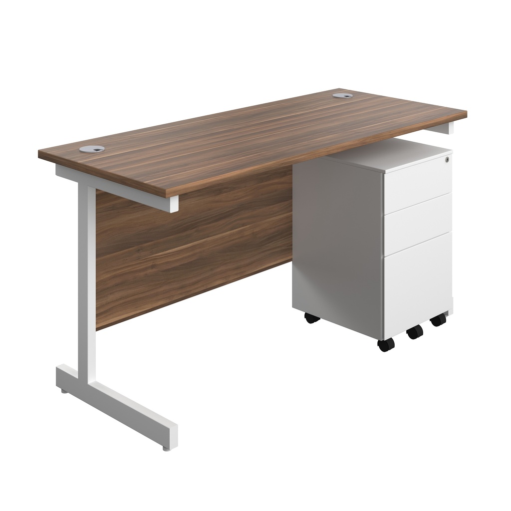 Single Upright Rectangular Desk + Under Desk Steel Pedestal 3 Drawers (FSC) | 1400 X 600 | Dark Walnut/White | 