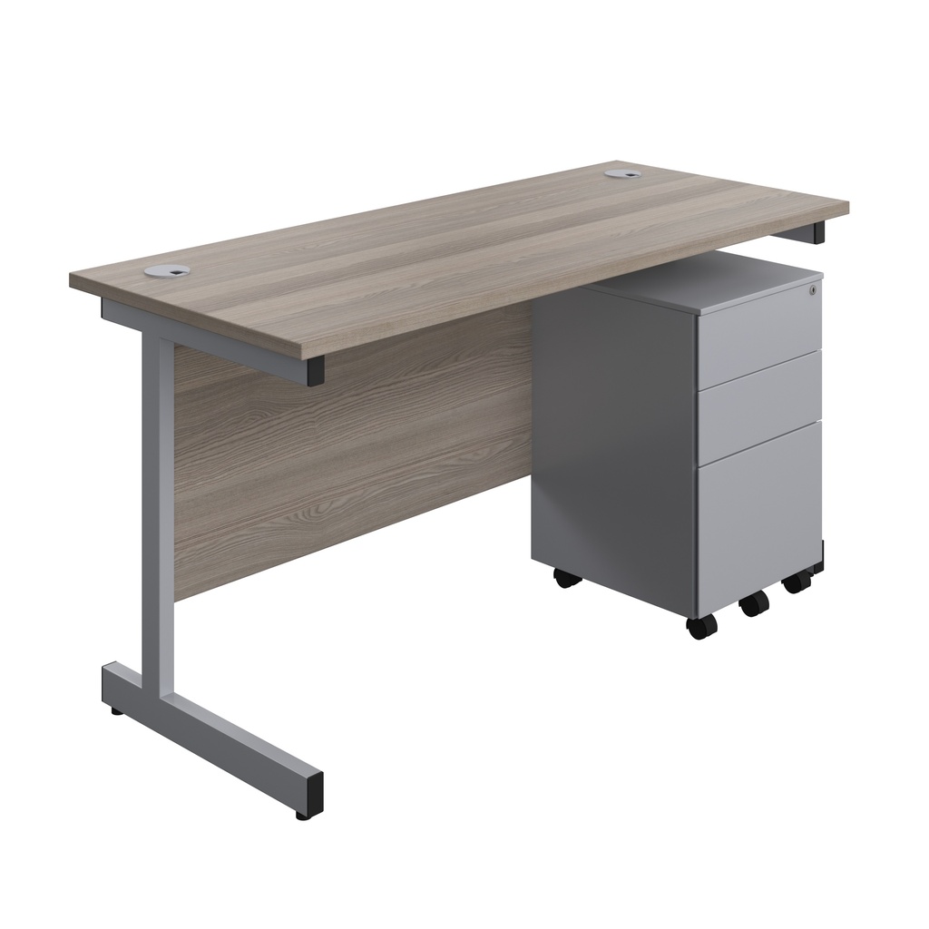 Single Upright Rectangular Desk + Under Desk Steel Pedestal 3 Drawers (FSC) | 1400 X 600 | Grey Oak/Silver | 