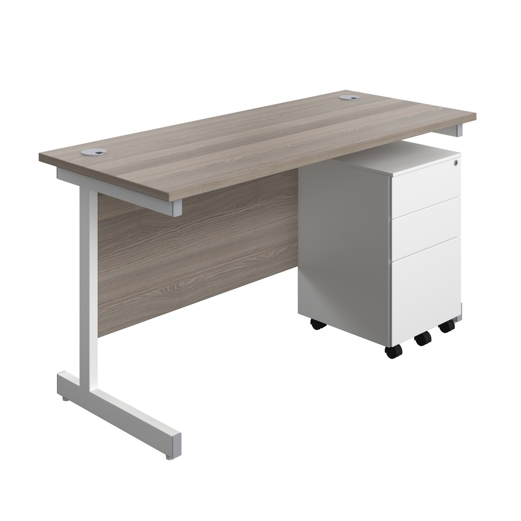 Single Upright Rectangular Desk + Under Desk Steel Pedestal 3 Drawers (FSC) | 1400 X 600 | Grey Oak/White | 