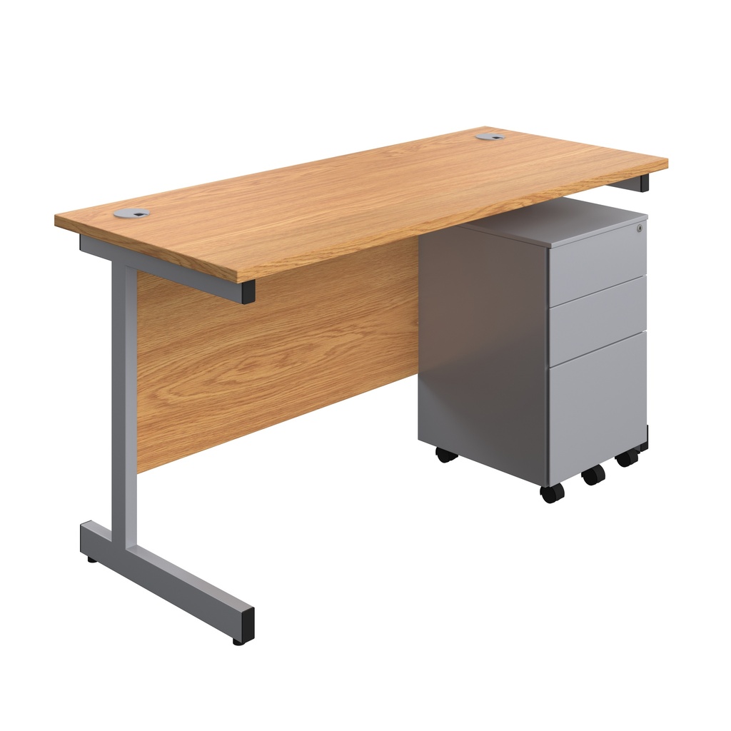 Single Upright Rectangular Desk + Under Desk Steel Pedestal 3 Drawers (FSC) | 1400 X 600 | Nova Oak/Silver | 