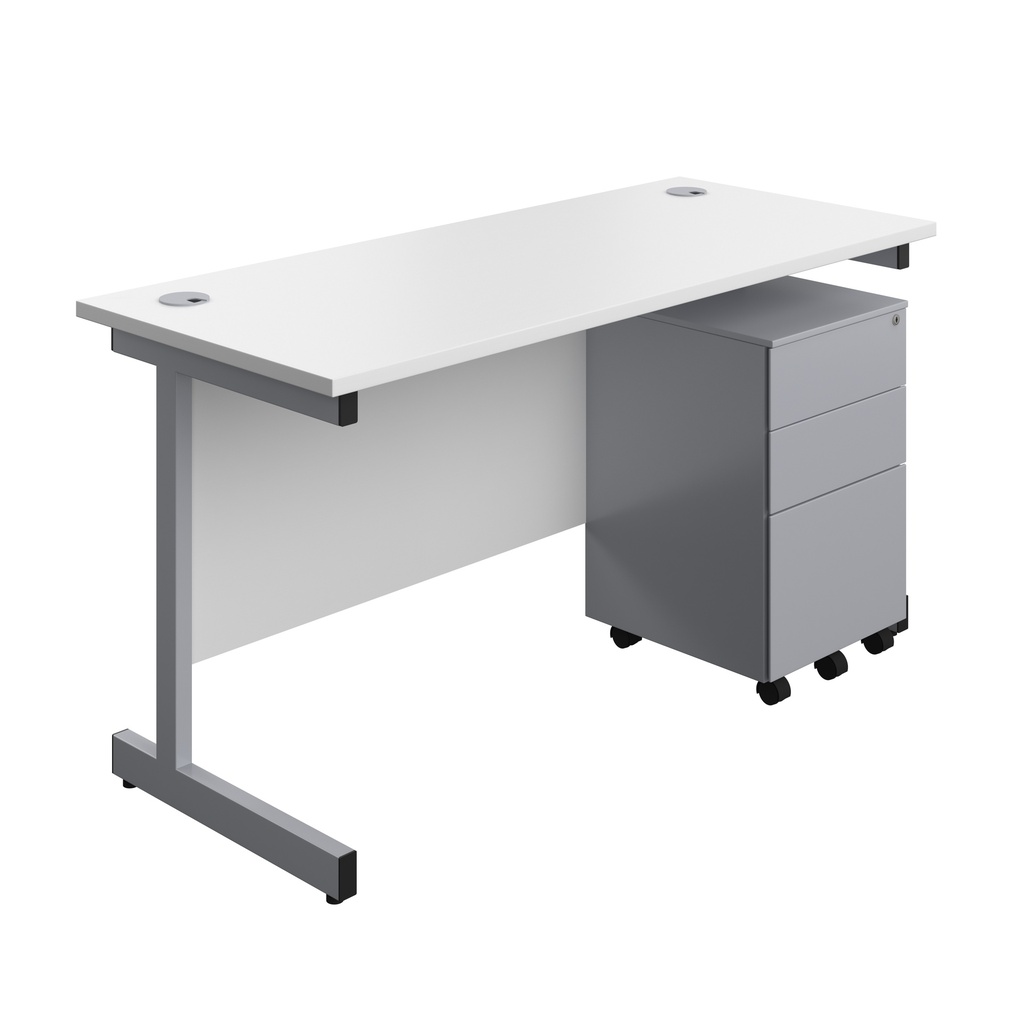 Single Upright Rectangular Desk + Under Desk Steel Pedestal 3 Drawers (FSC) | 1400 X 600 | White/Silver | 
