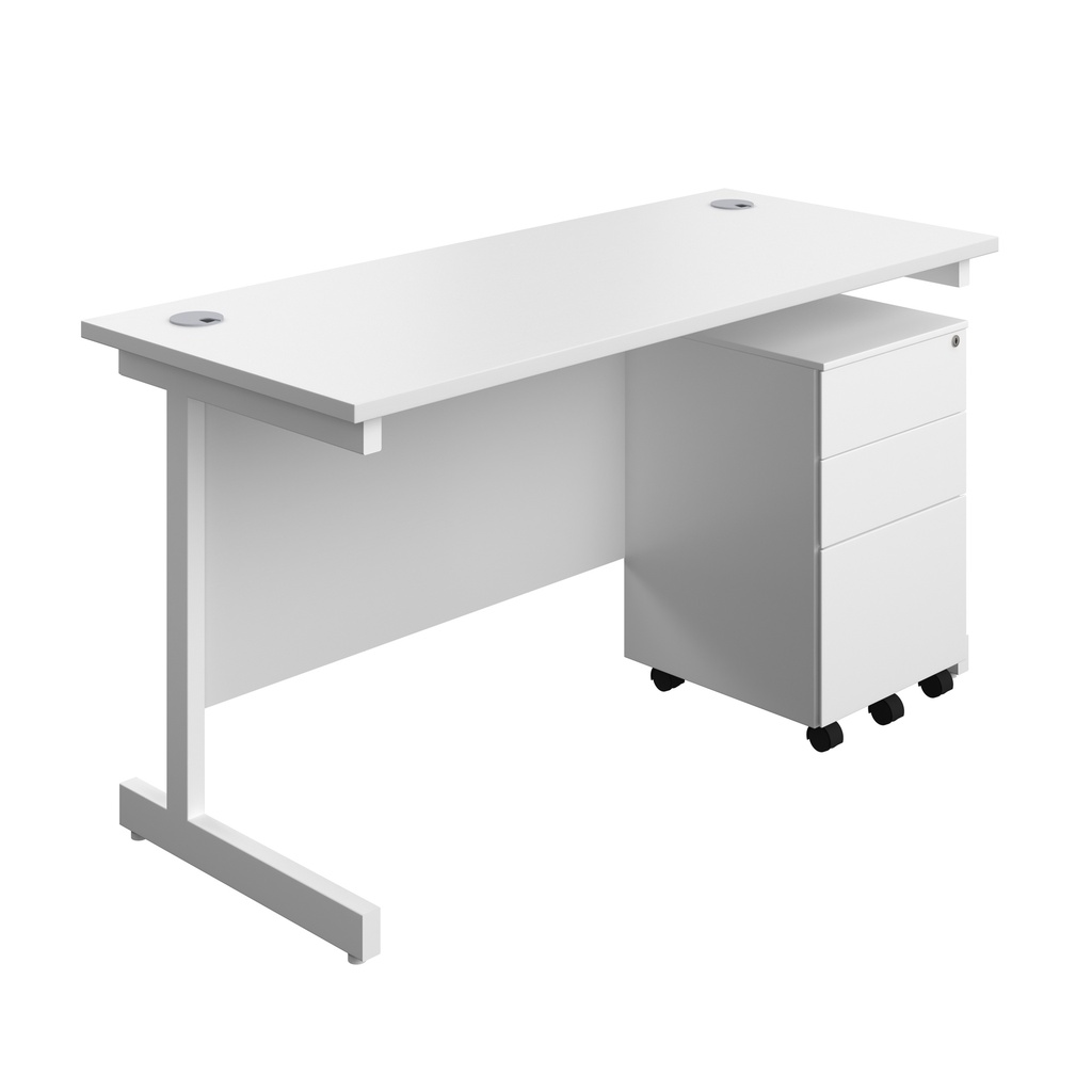 Single Upright Rectangular Desk + Under Desk Steel Pedestal 3 Drawers (FSC) | 1400 X 600 | White/White | 