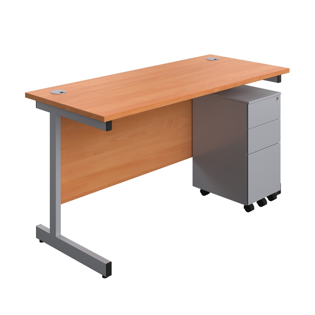 Single Upright Rectangular Desk + Slimline Steel Pedestal 3 Drawers (FSC) | 1400 X 600 | Beech/Silver | 
