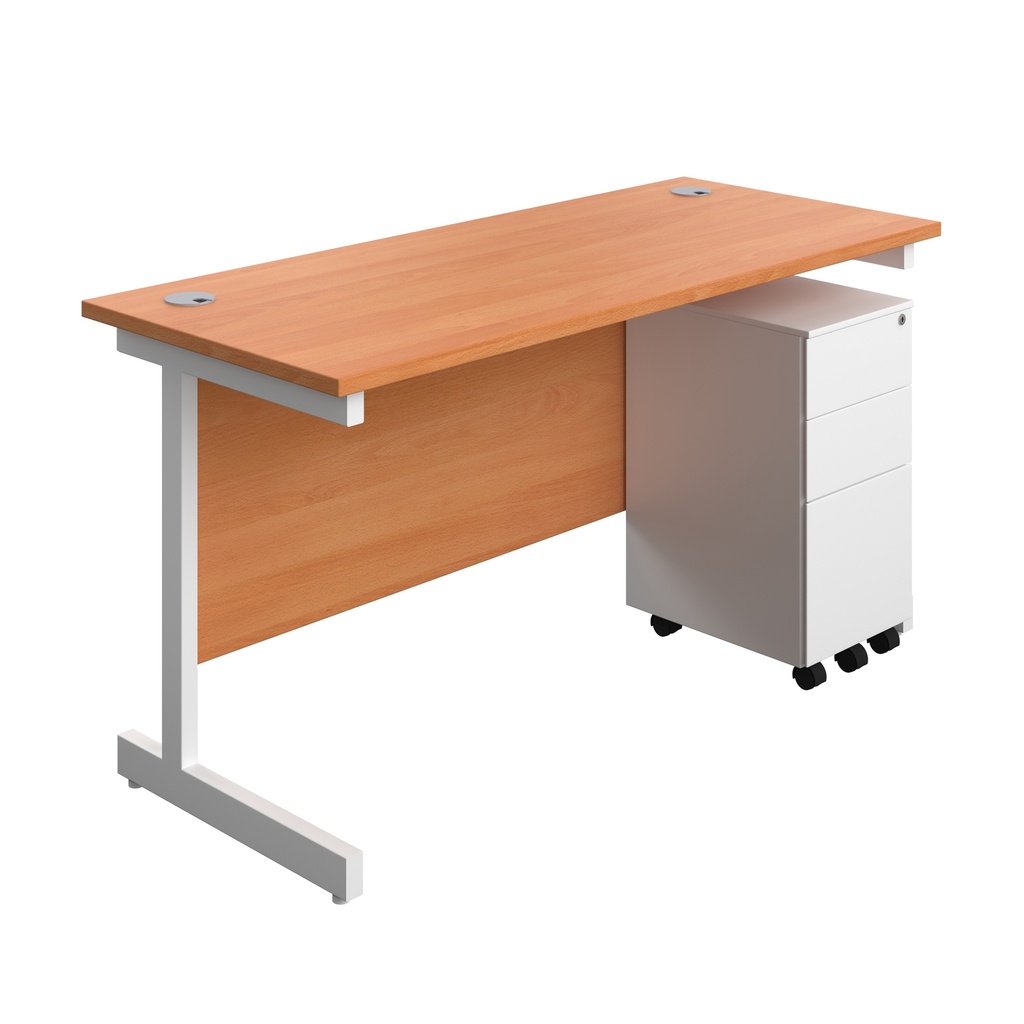 Single Upright Rectangular Desk + Slimline Steel Pedestal 3 Drawers (FSC) | 1400 X 600 | Beech/White | 