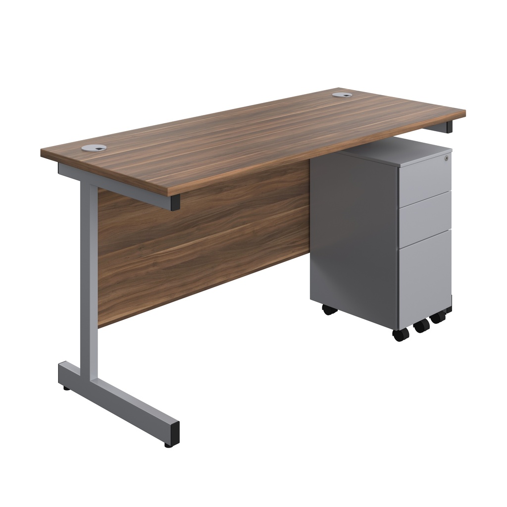 Single Upright Rectangular Desk + Slimline Steel Pedestal 3 Drawers (FSC) | 1400 X 600 | Dark Walnut/Silver | 