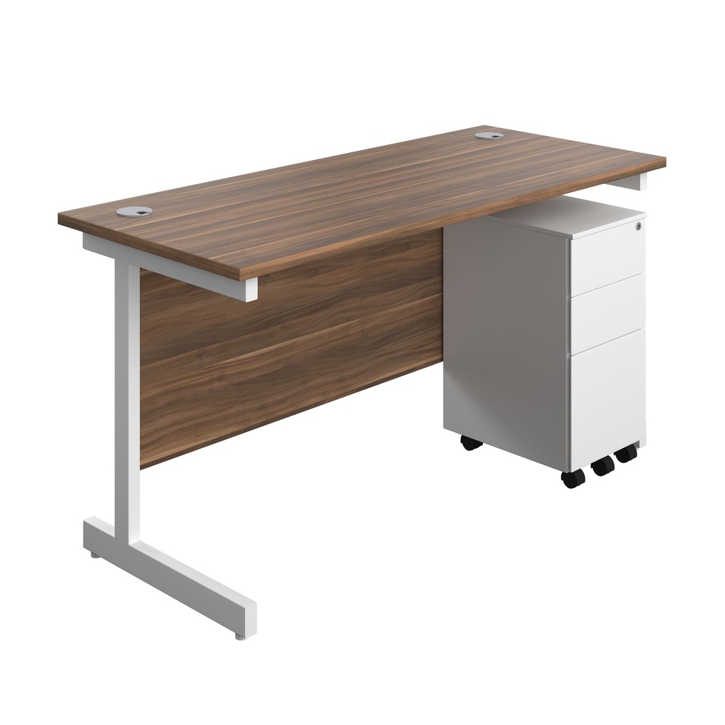 Single Upright Rectangular Desk + Slimline Steel Pedestal 3 Drawers (FSC) | 1400 X 600 | Dark Walnut/White | 