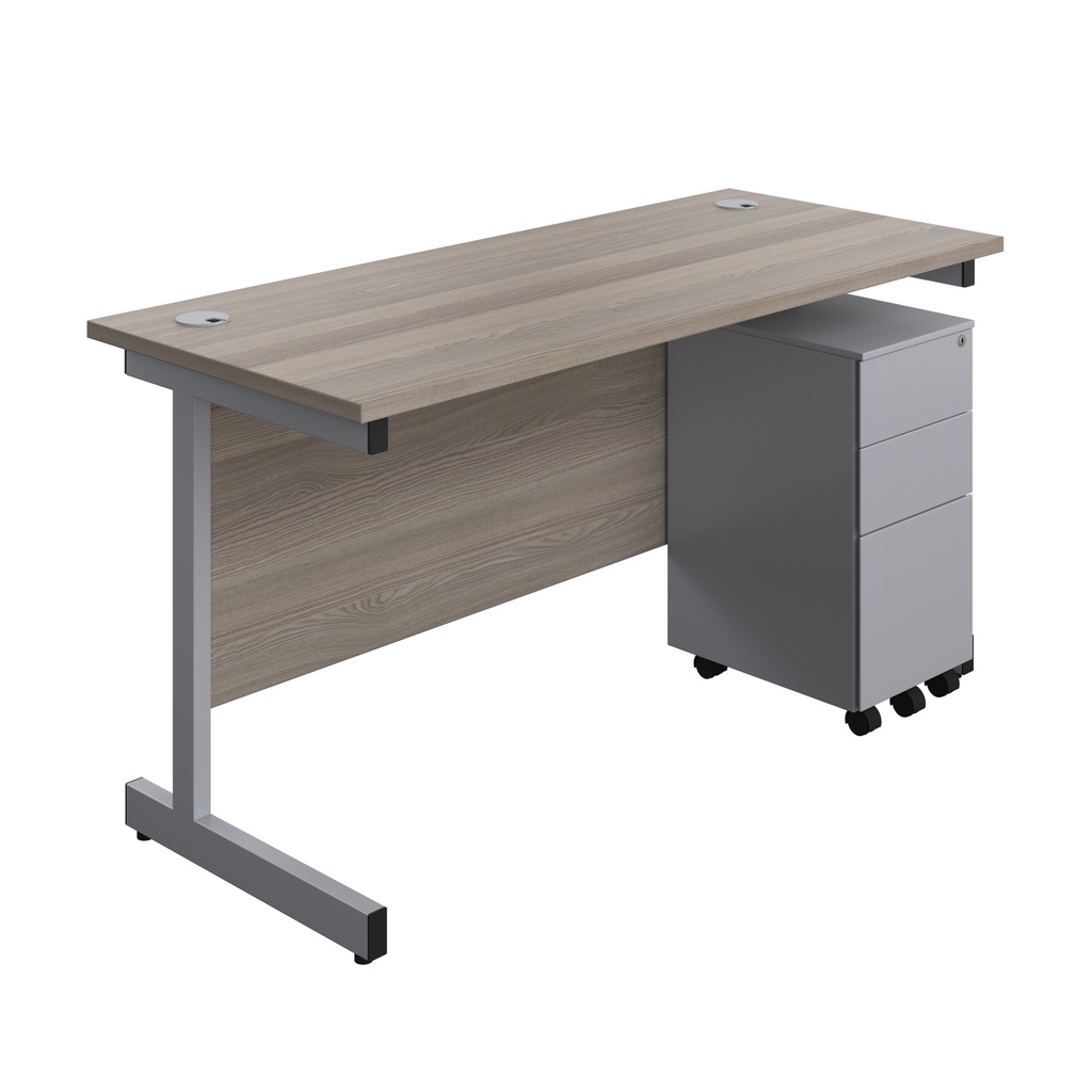 Single Upright Rectangular Desk + Slimline Steel Pedestal 3 Drawers (FSC) | 1400 X 600 | Grey Oak/Silver | 