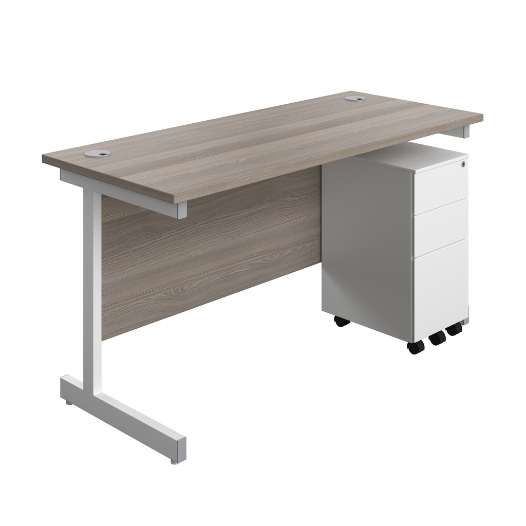 Single Upright Rectangular Desk + Slimline Steel Pedestal 3 Drawers (FSC) | 1400 X 600 | Grey Oak/White | 