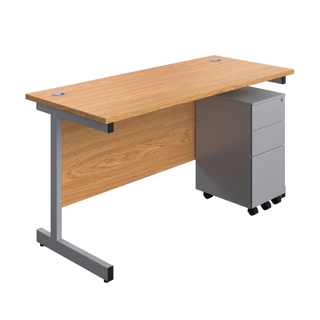Single Upright Rectangular Desk + Slimline Steel Pedestal 3 Drawers (FSC) | 1400 X 600 | Nova Oak/Silver | 