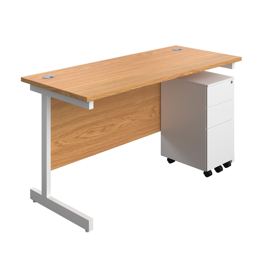 Single Upright Rectangular Desk + Slimline Steel Pedestal 3 Drawers (FSC) | 1400 X 600 | Nova Oak/White | 