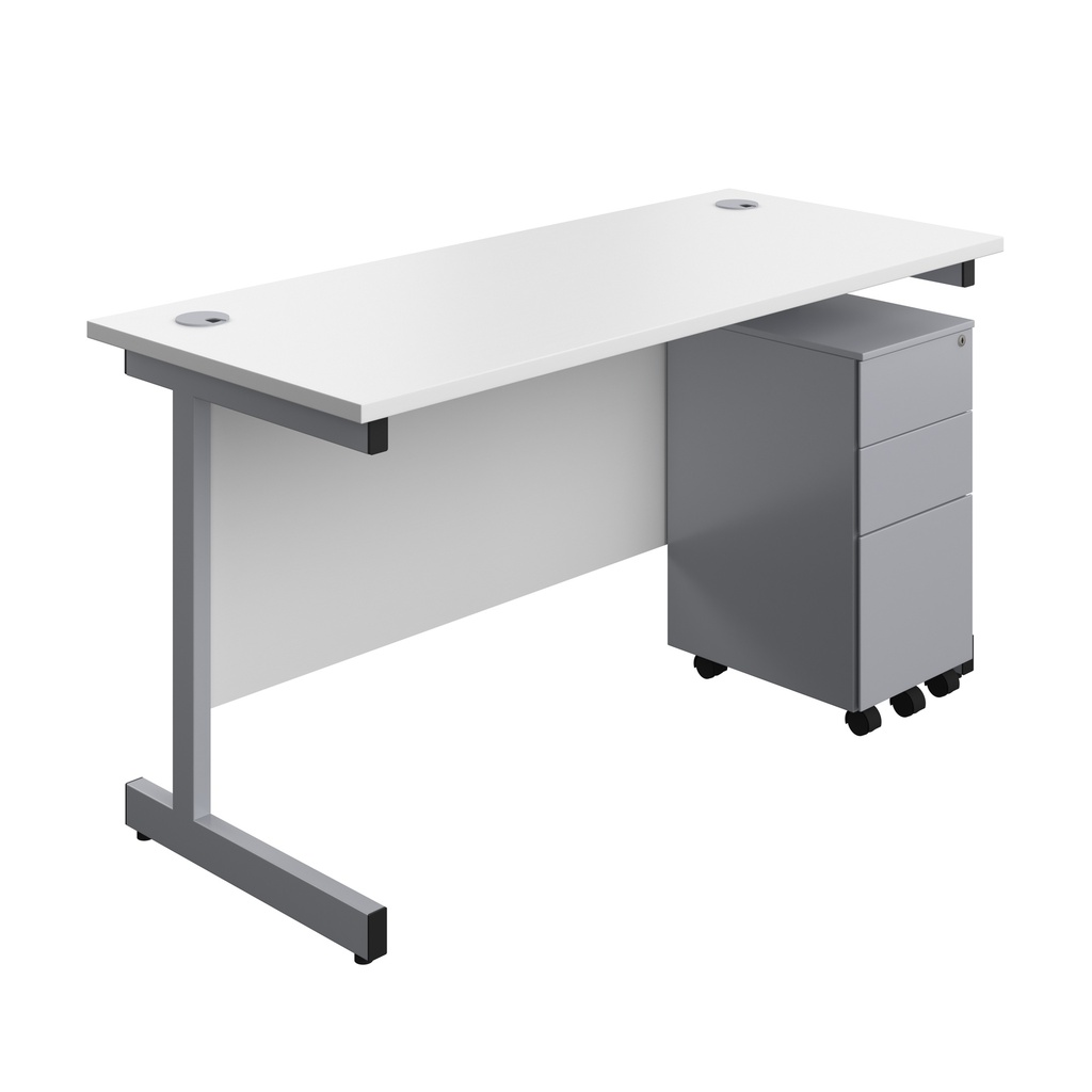 Single Upright Rectangular Desk + Slimline Steel Pedestal 3 Drawers (FSC) | 1400 X 600 | White/Silver | 