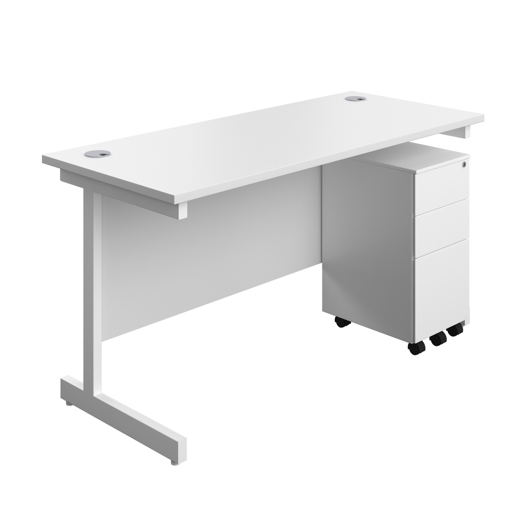 Single Upright Rectangular Desk + Slimline Steel Pedestal 3 Drawers (FSC) | 1400 X 600 | White/White | 