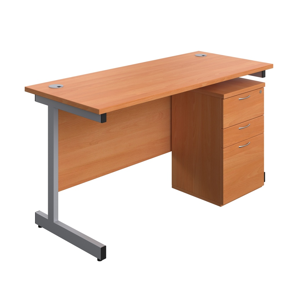 Single Upright Rectangular Desk + High Mobile Pedestal 3 Drawer (FSC) | 1400 X 600 | Beech/Silver | 