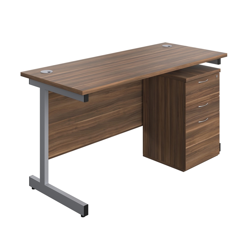 Single Upright Rectangular Desk + High Mobile Pedestal 3 Drawer (FSC) | 1400 X 600 | Dark Walnut/Silver | 
