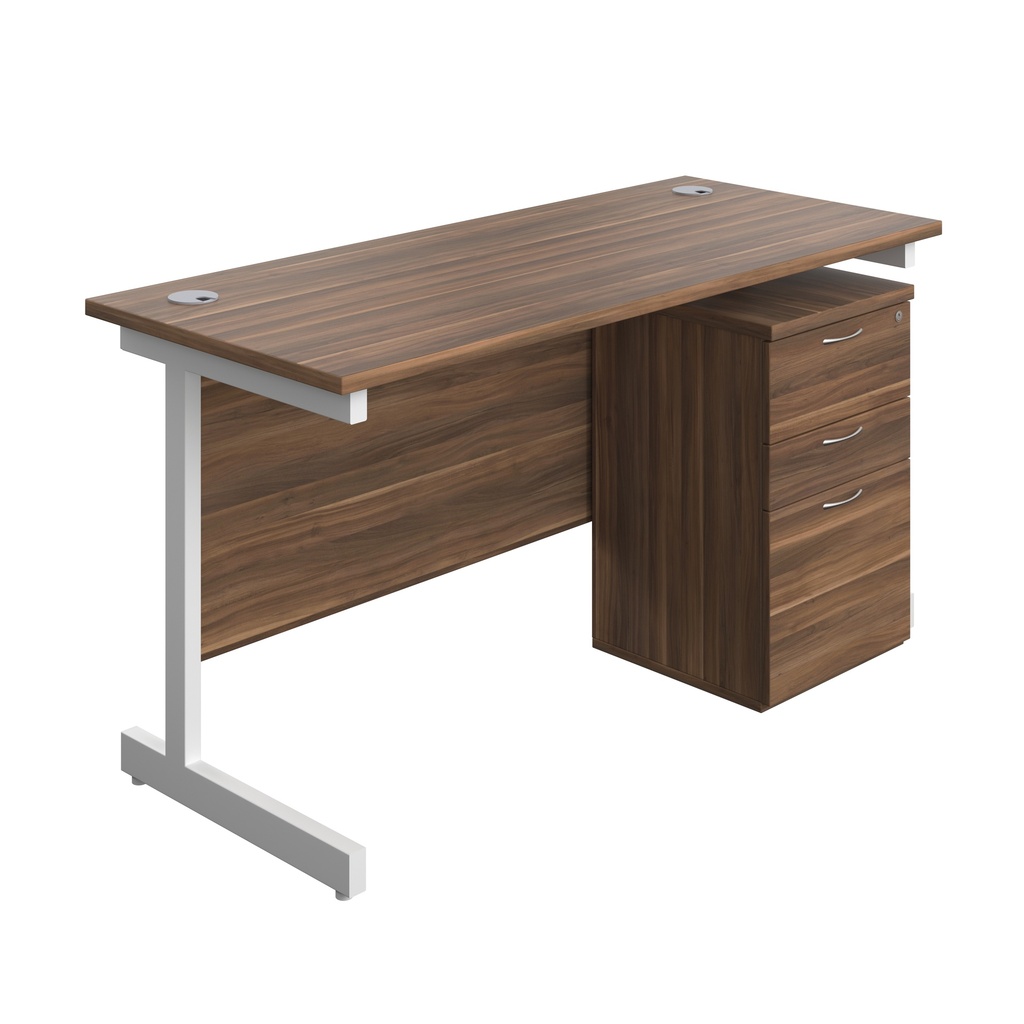 Single Upright Rectangular Desk + High Mobile Pedestal 3 Drawer (FSC) | 1400 X 600 | Dark Walnut/White | 