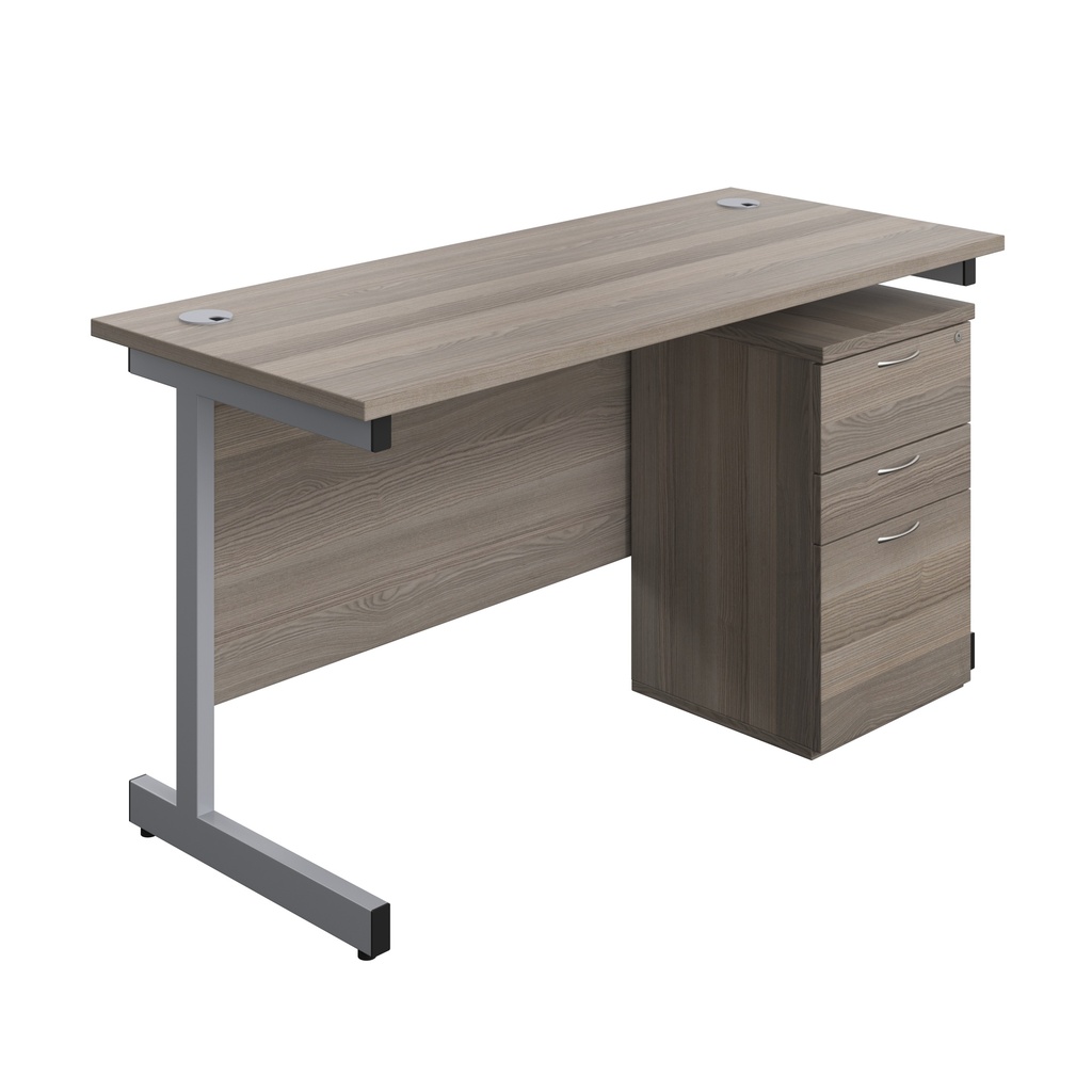 Single Upright Rectangular Desk + High Mobile Pedestal 3 Drawer (FSC) | 1400 X 600 | Grey Oak/Silver | 