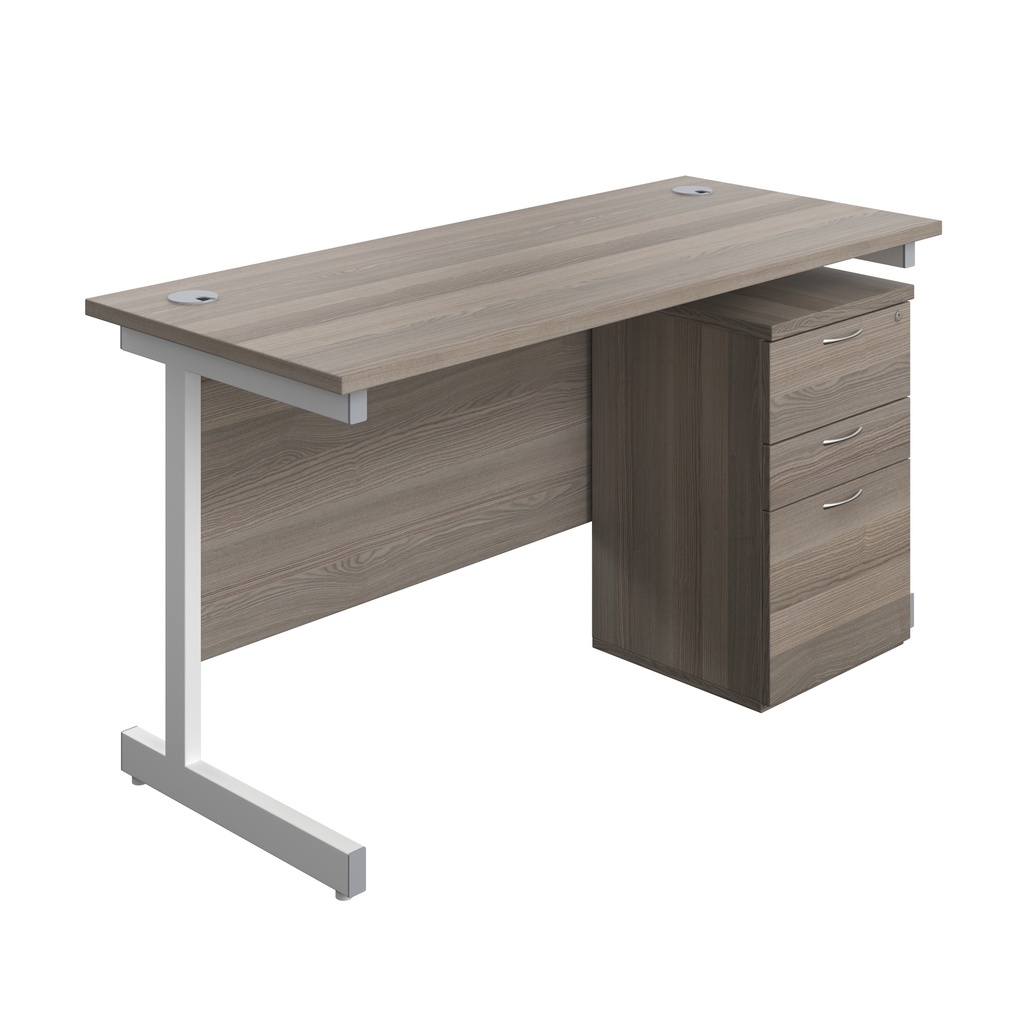 Single Upright Rectangular Desk + High Mobile Pedestal 3 Drawer (FSC) | 1400 X 600 | Grey Oak/White | 