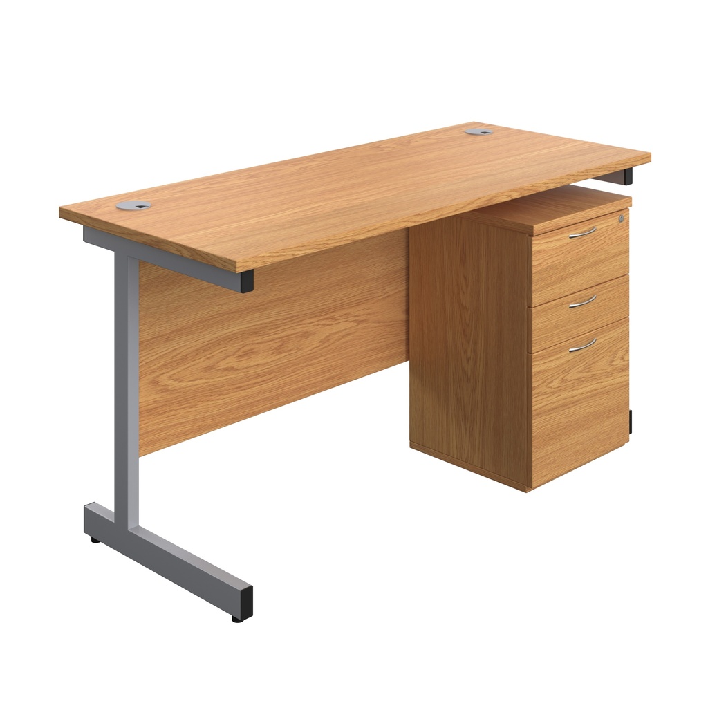 Single Upright Rectangular Desk + High Mobile Pedestal 3 Drawer (FSC) | 1400 X 600 | Nova Oak/Silver | 
