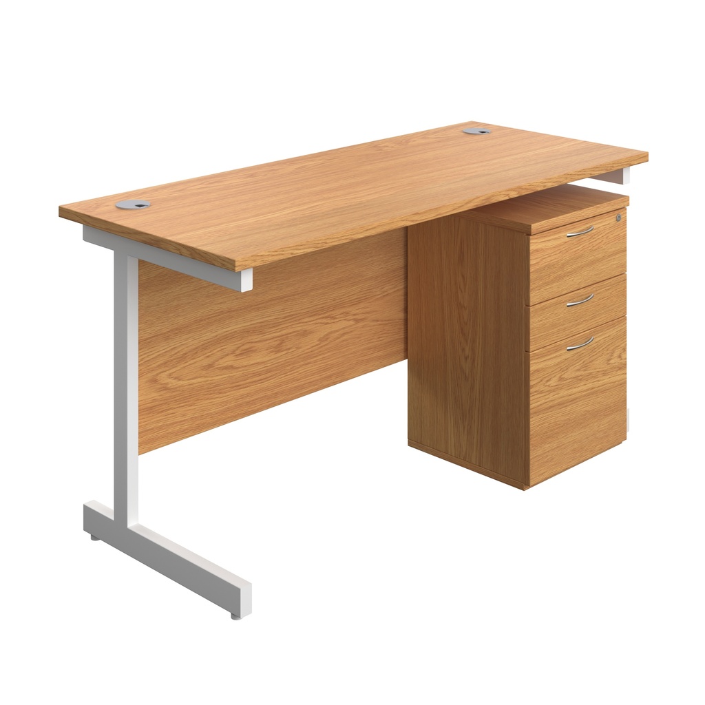Single Upright Rectangular Desk + High Mobile Pedestal 3 Drawer (FSC) | 1400 X 600 | Nova Oak/White | 