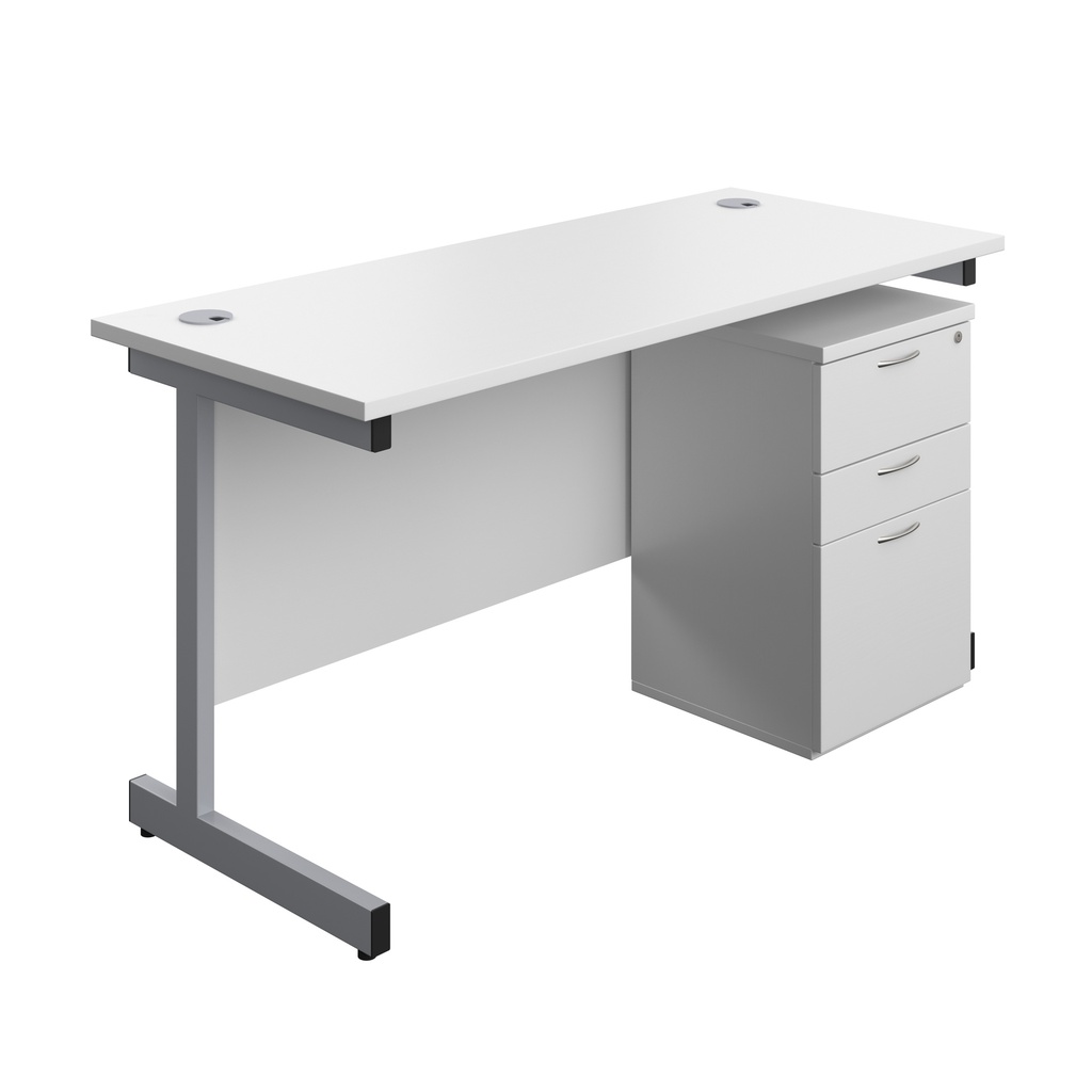 Single Upright Rectangular Desk + High Mobile Pedestal 3 Drawer (FSC) | 1400 X 600 | White/Silver | 
