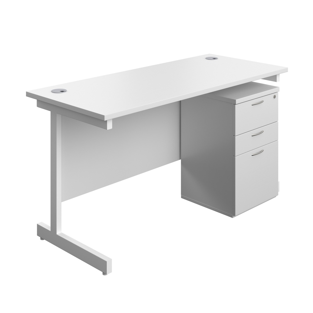 Single Upright Rectangular Desk + High Mobile Pedestal 3 Drawer (FSC) | 1400 X 600 | White/White | 