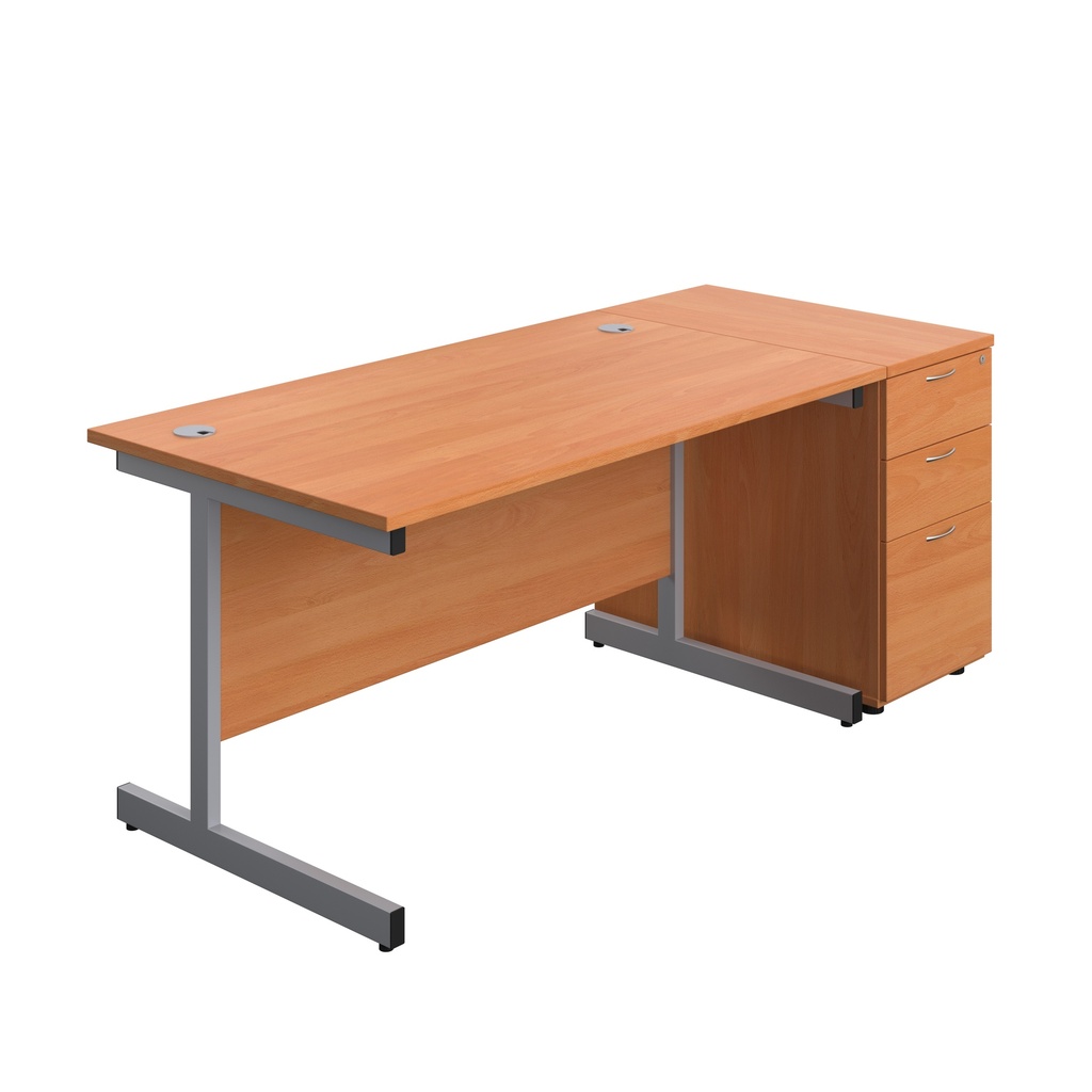 Single Upright Rectangular Desk + Desk High 3 Drawer Pedestal (FSC) | 1400 X 800 | Beech/Silver | 