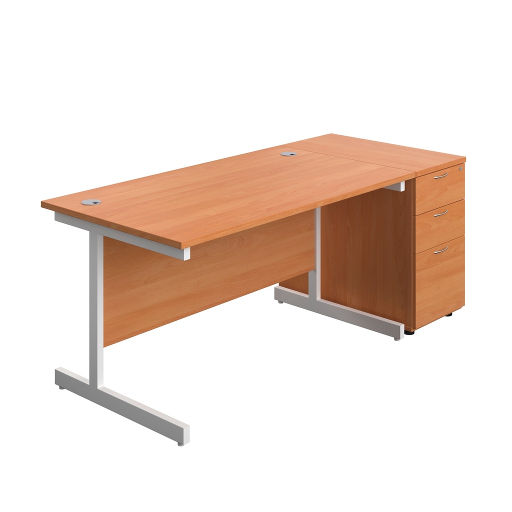 Single Upright Rectangular Desk + Desk High 3 Drawer Pedestal (FSC) | 1400 X 800 | Beech/White | 