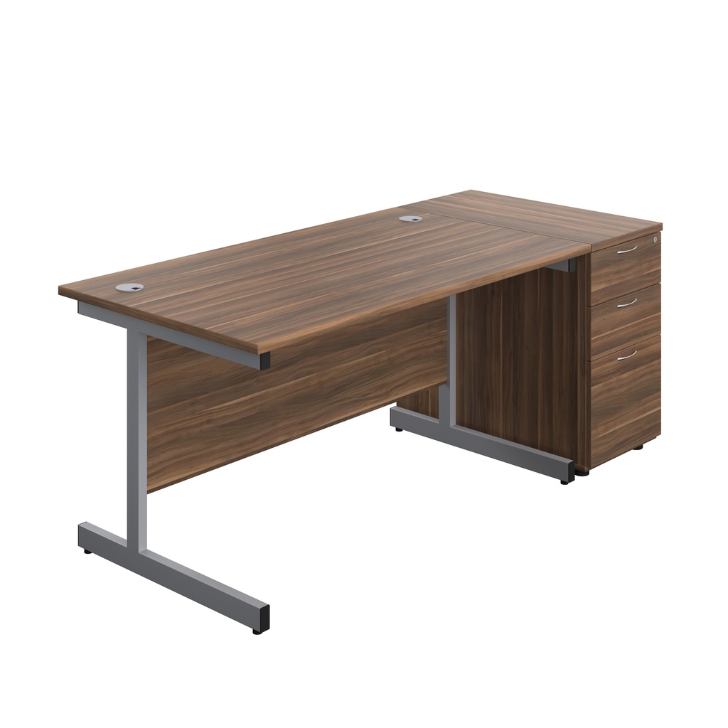 Single Upright Rectangular Desk + Desk High 3 Drawer Pedestal (FSC) | 1400 X 800 | Dark Walnut/Silver | 