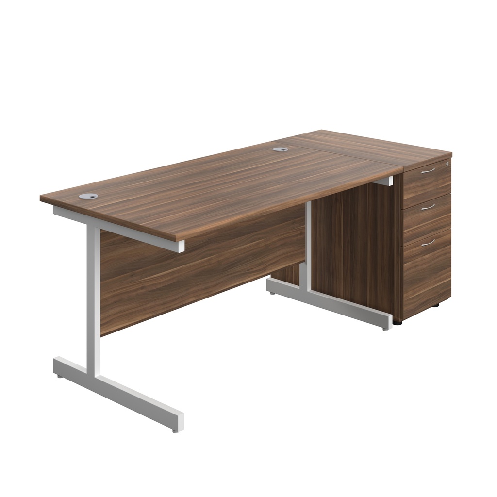Single Upright Rectangular Desk + Desk High 3 Drawer Pedestal (FSC) | 1400 X 800 | Dark Walnut/White | 