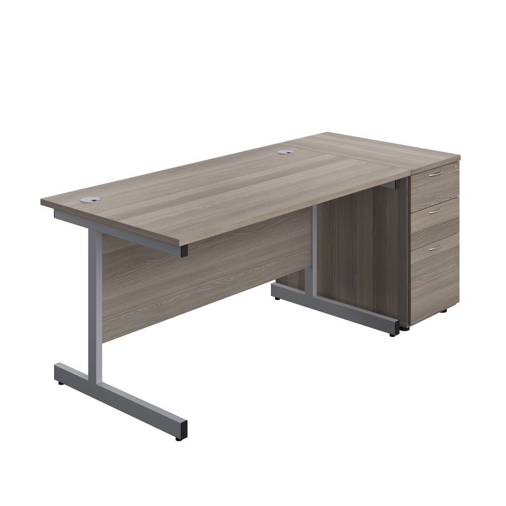 Single Upright Rectangular Desk + Desk High 3 Drawer Pedestal (FSC) | 1400 X 800 | Grey Oak/Silver | 