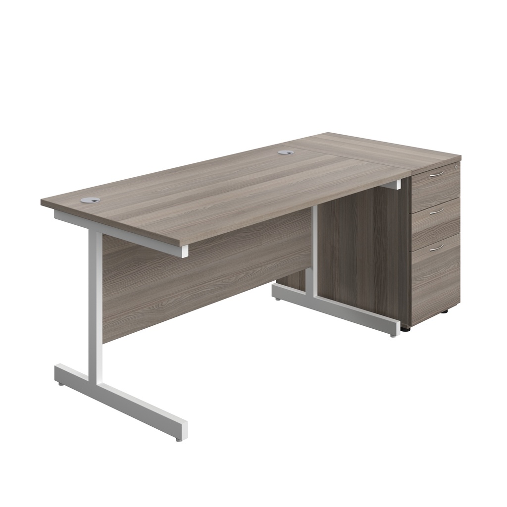 Single Upright Rectangular Desk + Desk High 3 Drawer Pedestal (FSC) | 1400 X 800 | Grey Oak/White | 