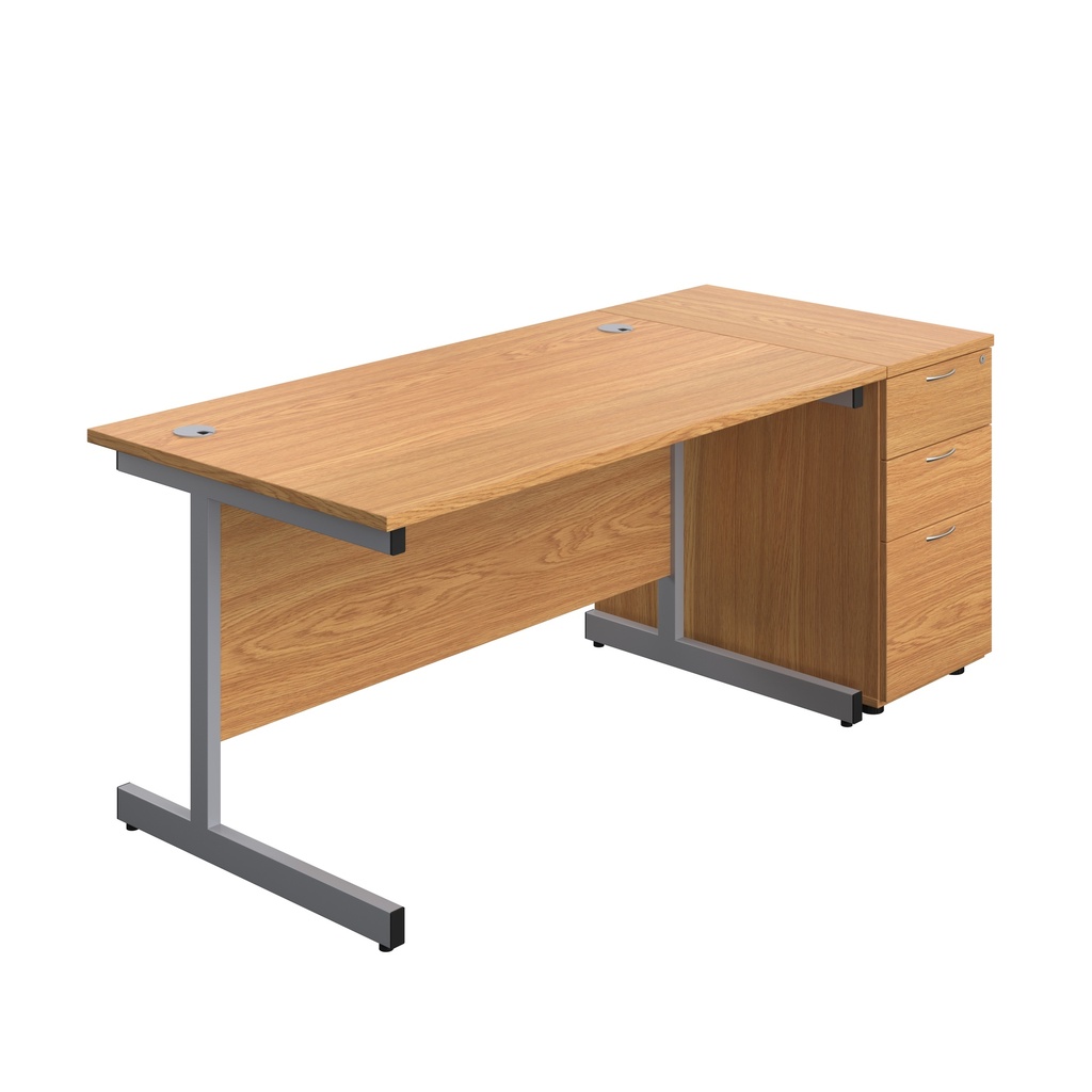 Single Upright Rectangular Desk + Desk High 3 Drawer Pedestal (FSC) | 1400 X 800 | Nova Oak/Silver | 