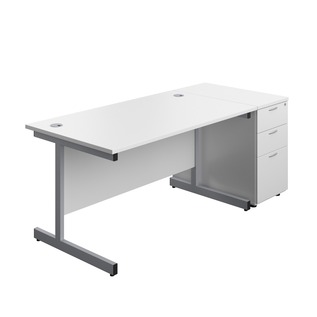Single Upright Rectangular Desk + Desk High 3 Drawer Pedestal (FSC) | 1400 X 800 | White/Silver | 