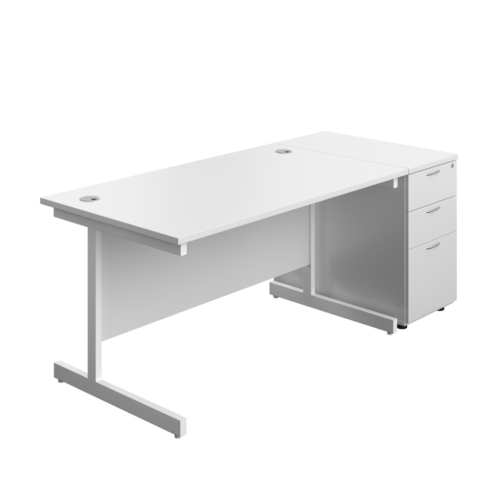 Single Upright Rectangular Desk + Desk High 3 Drawer Pedestal (FSC) | 1400 X 800 | White/White | 
