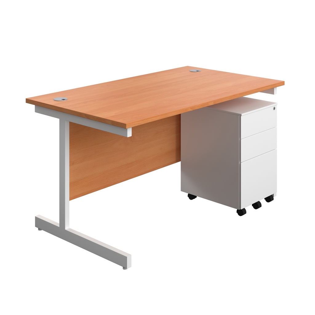 Single Upright Rectangular Desk + Under Desk Steel Pedestal 3 Drawers (FSC) | 1400 X 800 | Beech/White | 