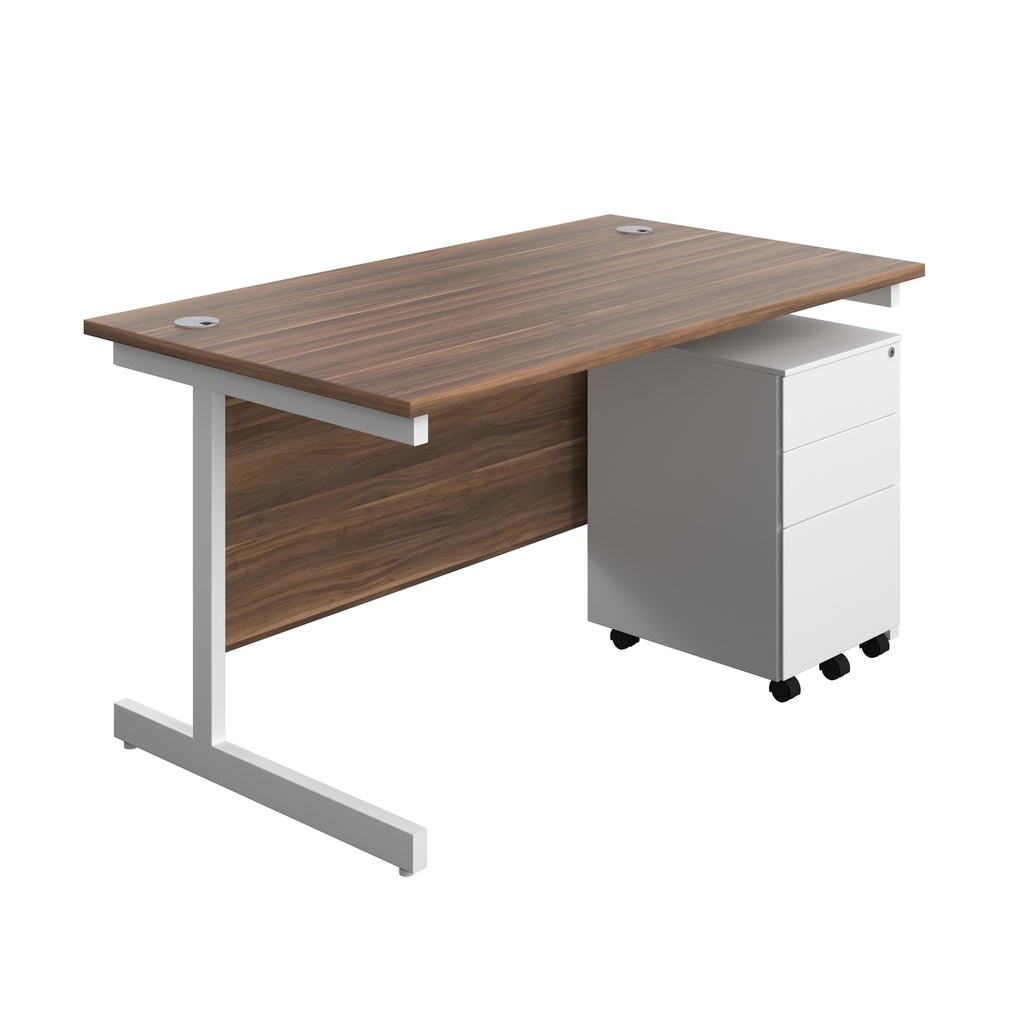 Single Upright Rectangular Desk + Under Desk Steel Pedestal 3 Drawers (FSC) | 1400 X 800 | Dark Walnut/White | 